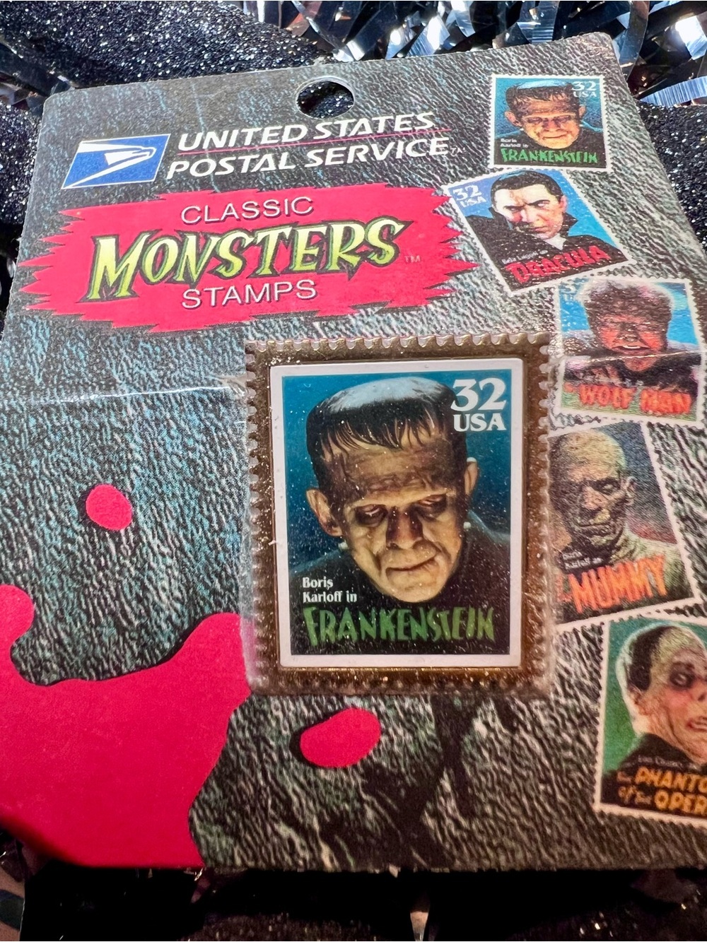Vintage Classic Movie Monsters Frankenstein Stamp Pin USPS Boris Karloff 1997